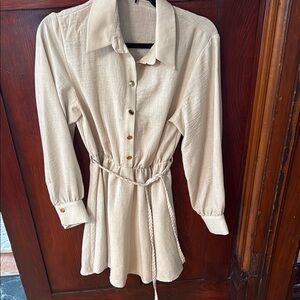 Zara Cream Button-Up Dress with Waist Tie